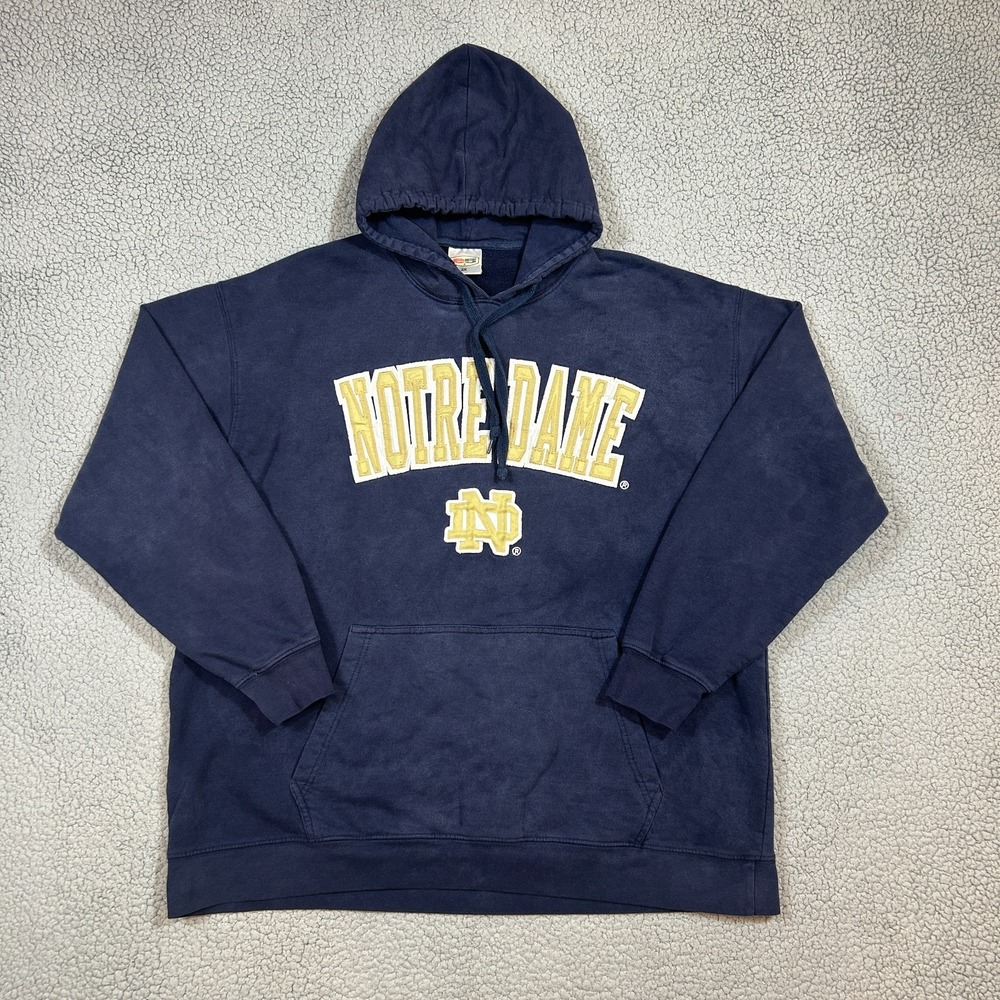 Vtg 1990s University Of Notre‎ Dame Embroidered Hoodie Mens 2XL Blue Heavyweight